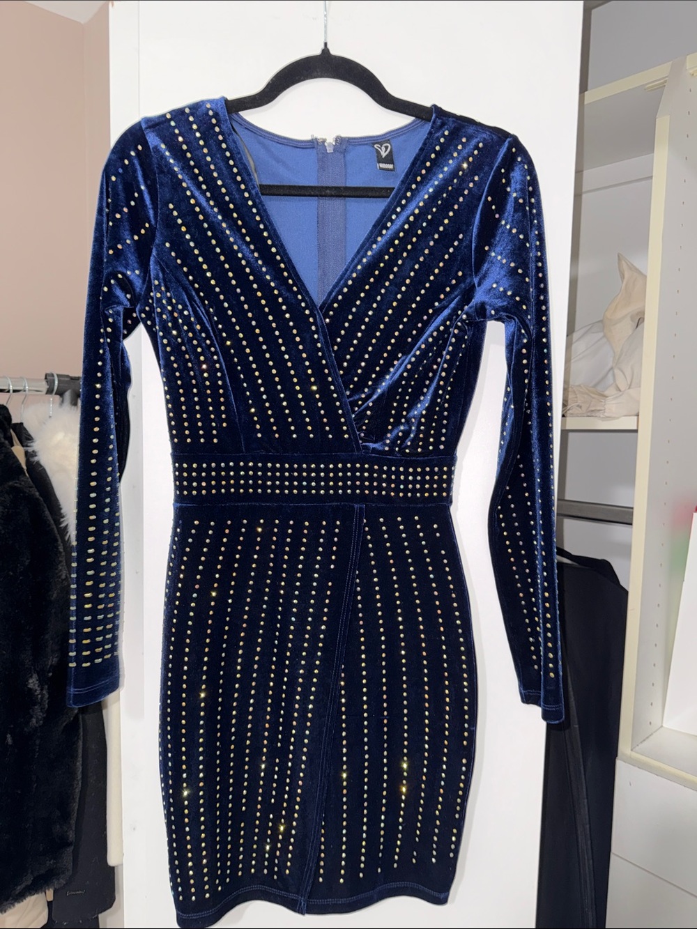 Windsor Navy Velvet Long Sleeve Studded Wrap Dress